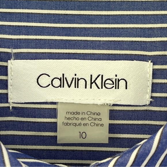 Calvin Klein Blue and White Stripe Button Down Belted Long Sleeve Dress Size 10 - Picture 4 of 15